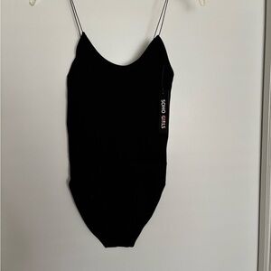 Black Spaghetti Strap Bodysuit Plunge V Neck Stretch